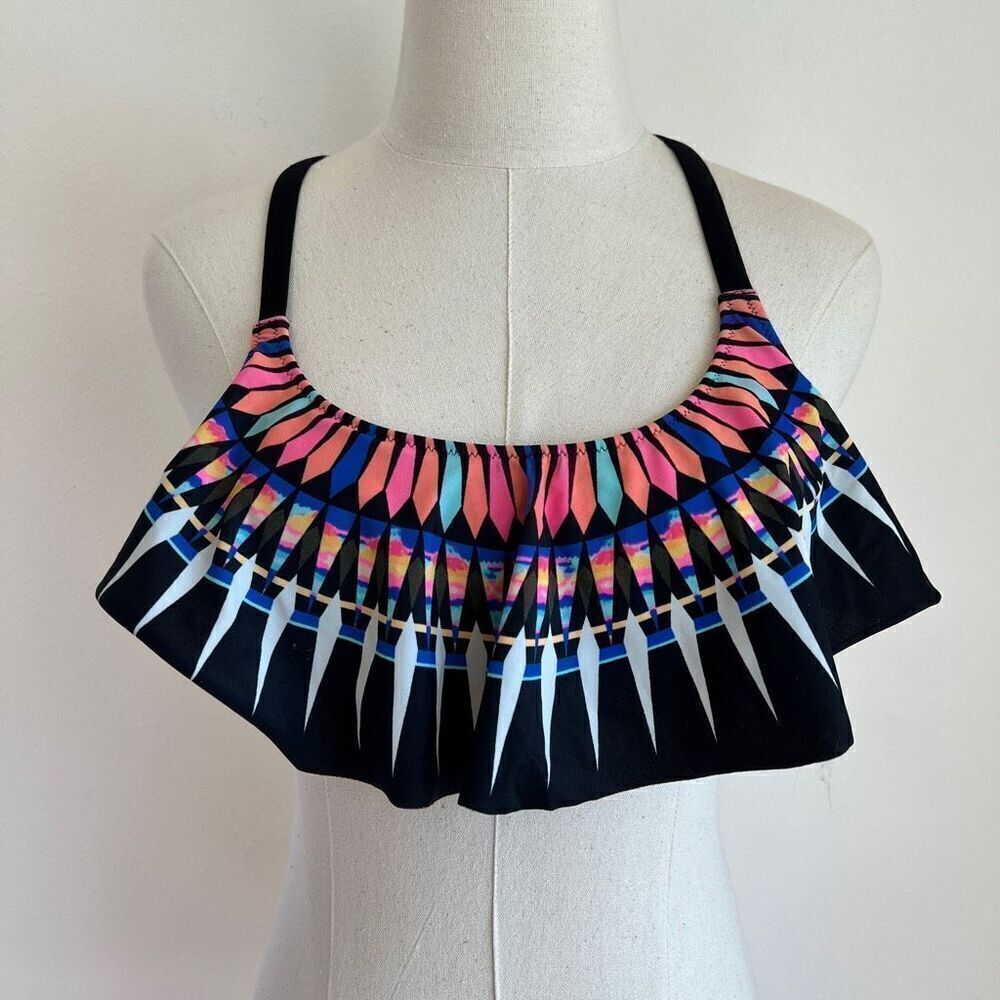 PINK Victoria’s Secret Swim Printed Ruffled Bikini Top Black Coral Aqua Size Med